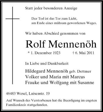 Traueranzeige von Rolf Mennenöh von Rheinische Post