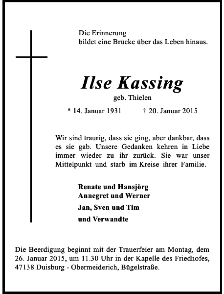  Traueranzeige für Ilse Kassing vom 23.01.2015 aus Rheinische Post