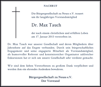 Traueranzeige von Dr. Max Tauch von Rheinische Post