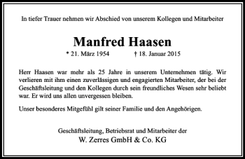 Traueranzeige von Manfred Haasen von Rheinische Post