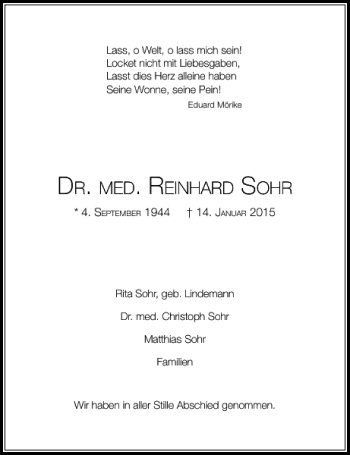 Traueranzeige von Dr. Reinhard Sohr von Rheinische Post