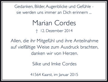 Traueranzeige von Marian Cordes von Rheinische Post