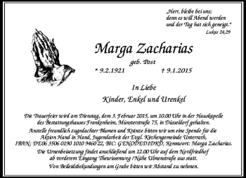 Traueranzeige von Marga Zacharias von Rheinische Post