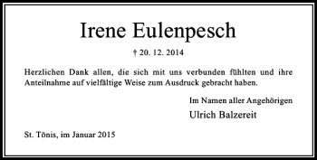 Traueranzeige von Irene Eulenpesch von Rheinische Post