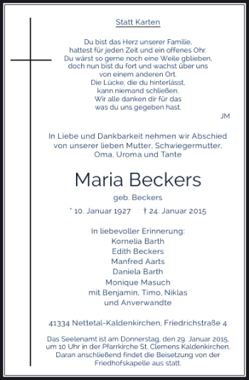 Traueranzeige von Maria Beckers von Rheinische Post