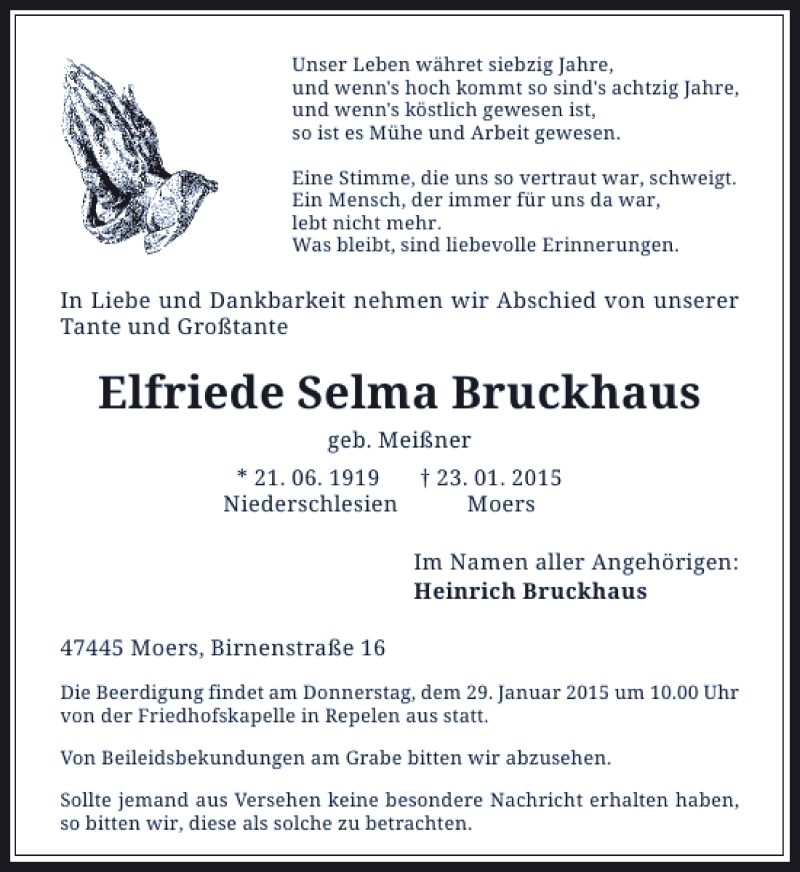  Traueranzeige für Elfriede Selma Bruckhaus vom 26.01.2015 aus Rheinische Post