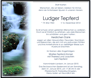 Traueranzeige von Ludger Tepferd von Rheinische Post