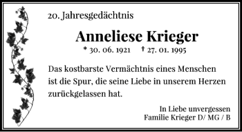 Traueranzeige von Anneliese Krieger von Rheinische Post