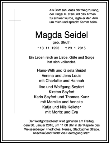 Traueranzeige von Magda Seidel von Rheinische Post