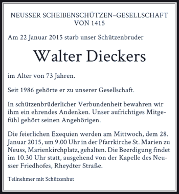 Traueranzeige von Walter Dieckers von Rheinische Post