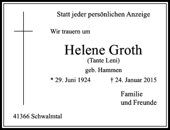 Traueranzeige von Helene Groth von Rheinische Post