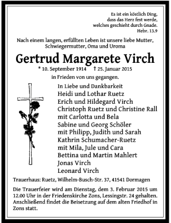 Traueranzeige von Gertrud Margarete Virch von Rheinische Post