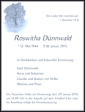 Traueranzeige von Roswitha Dünnwald von Rheinische Post