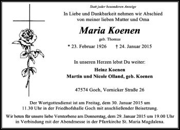 Traueranzeige von Maria Koenen von Rheinische Post