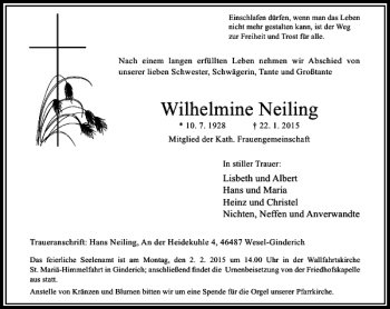 Traueranzeige von Wilhelmine Neiling von Rheinische Post