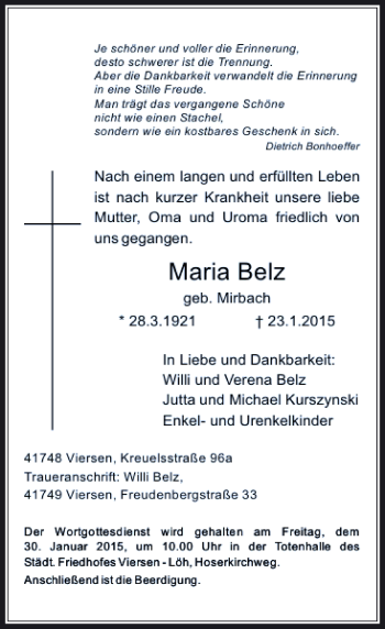 Traueranzeige von Maria Belz von Rheinische Post