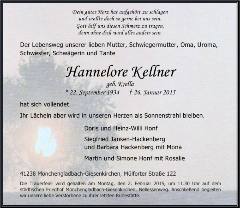  Traueranzeige für Hannelore Kellner vom 28.01.2015 aus Rheinische Post