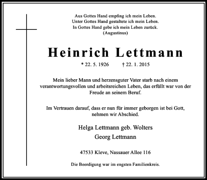  Traueranzeige für Heinrich Lettmann vom 29.01.2015 aus Rheinische Post