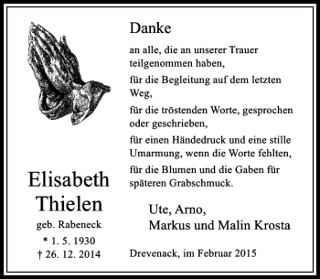 Traueranzeige von Elisabeth Thielen von Rheinische Post