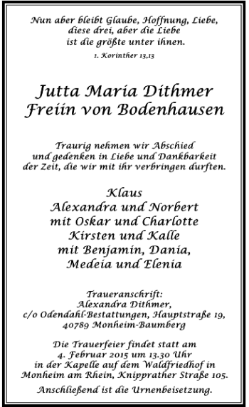 Traueranzeige von Jutta Maria Dithmer von Bodenhausen von Rheinische Post