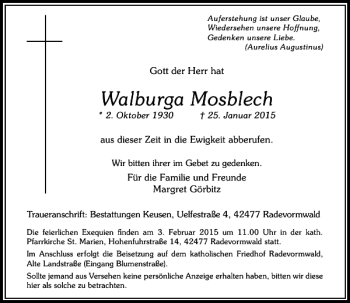 Traueranzeige von Walburga Mosblech von Rheinische Post