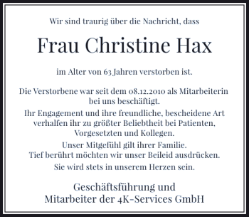 Traueranzeige von Frau Christine Hax von Rheinische Post