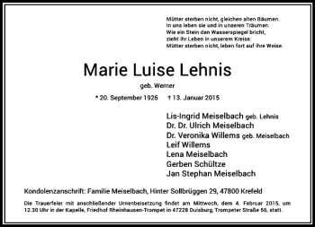 Traueranzeige von Marie Luise Lehnis von Rheinische Post