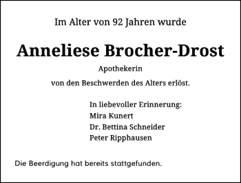 Traueranzeige von Anneliese Brocher-Drost von Rheinische Post