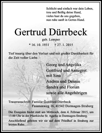 Traueranzeige von Gertrud Dürrbeck von Rheinische Post