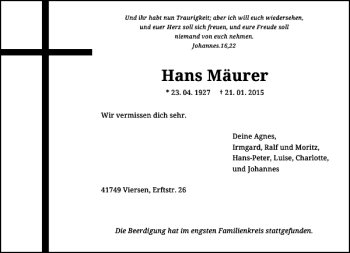 Traueranzeige von Hans Mäurer von Rheinische Post