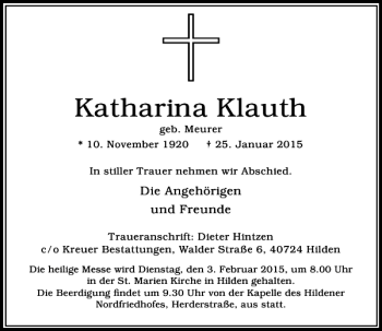 Traueranzeige von Katharina Klauth von Rheinische Post