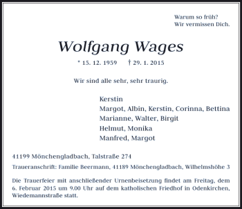 Traueranzeige von Wolfgang Wages von Rheinische Post