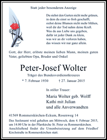 Traueranzeige von Peter-Josef Wolter von Rheinische Post