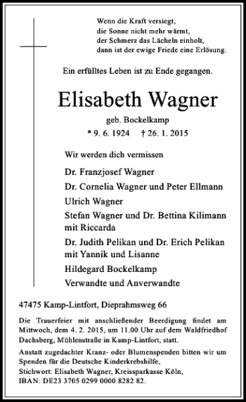 Traueranzeige von Elisabeth Wagner von Rheinische Post
