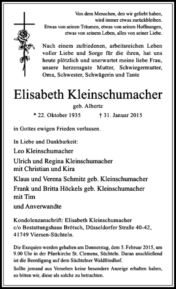  Traueranzeige für Kleinschumacher Elisabeth vom 03.02.2015 aus Rheinische Post