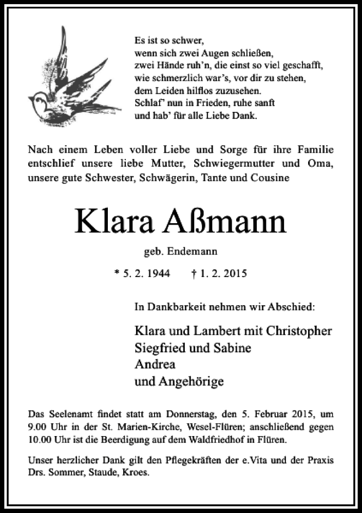  Traueranzeige für Klara Aßmann vom 03.02.2015 aus Rheinische Post