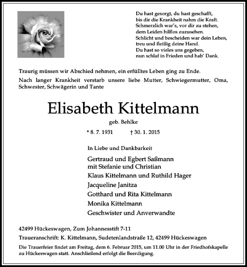 Traueranzeige für Elisabeth Kittelmann vom 03.02.2015 aus Rheinische Post