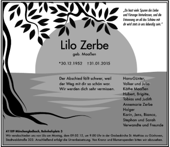Traueranzeige von Lieselotte Zerbe von Rheinische Post