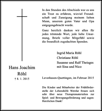 Traueranzeige von Hans Joachim Röhl von Rheinische Post