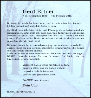 Traueranzeige von Gerd Ertner von Rheinische Post