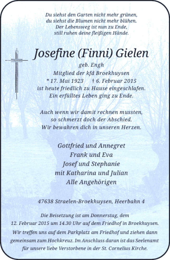  Traueranzeige für Finni Gielen Josefine vom 09.02.2015 aus Rheinische Post
