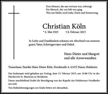 Traueranzeige von Christian Köln von Rheinische Post