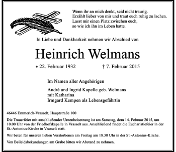 Traueranzeige von Heinrich Welmans von Rheinische Post