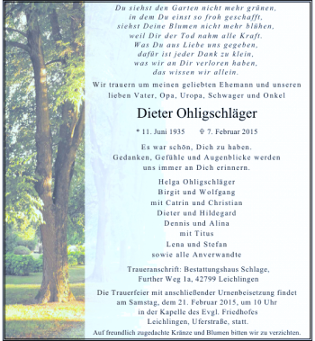 Traueranzeige von Dieter Ohligschläger von Rheinische Post