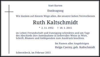 Traueranzeige von Ruth Kaltschmidt von Rheinische Post