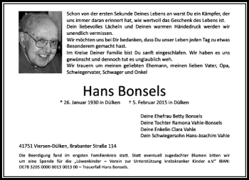 Traueranzeige von Hans Bonsels von Rheinische Post