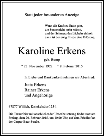 Traueranzeige von Karoline Erkens von Rheinische Post