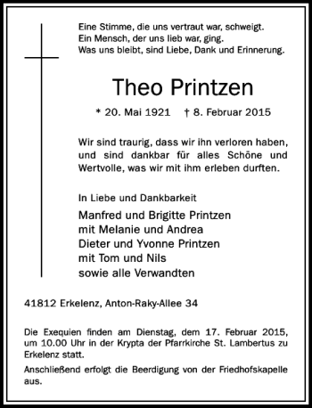 Traueranzeige von Theo Printzen von Rheinische Post