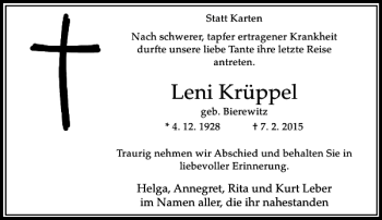 Traueranzeige von Leni Krüppel von Rheinische Post