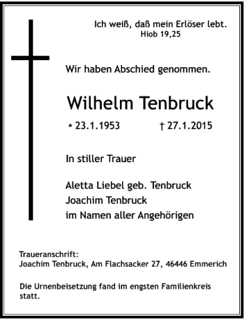Traueranzeige von Wilhelm Tenbruck von Rheinische Post